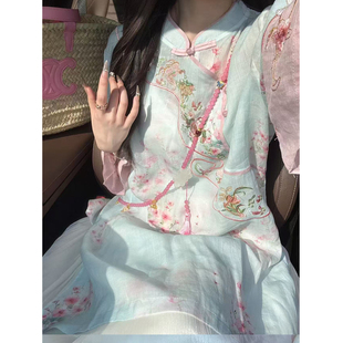 国风新中式印花中长款上衣重工刺绣珠扣盘扣苎麻茶服衬衫上衣女夏