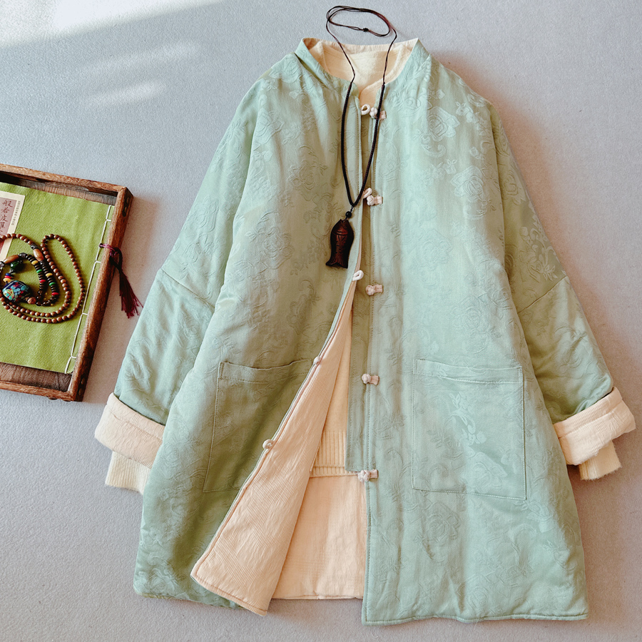 双面穿纯棉麻夹棉加厚中长款棉衣