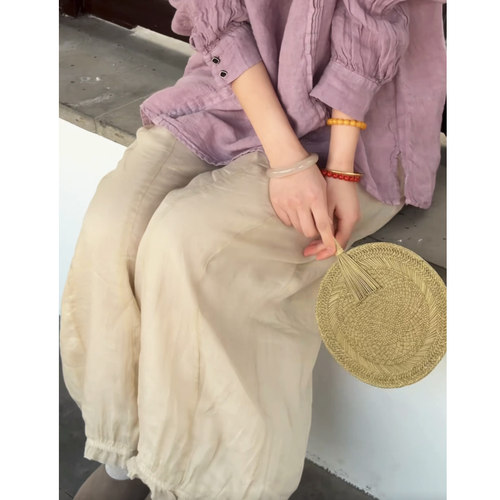 苎麻纯色双层花苞裤夏宽松女裤