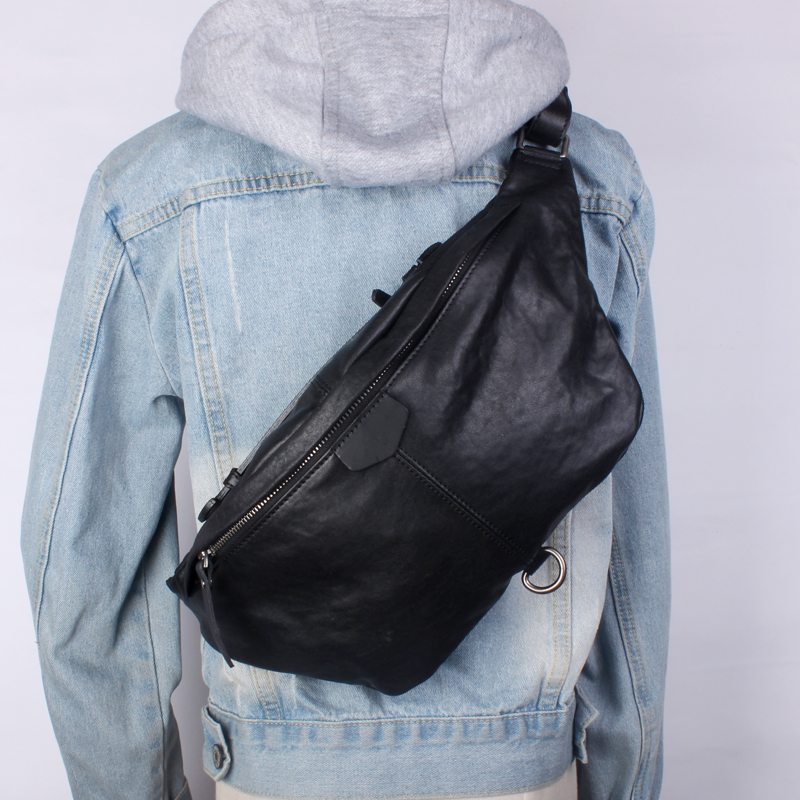 真皮胸包男头层牛皮斜挎包休闲时尚骑行包手工植鞣纯皮黑色单肩包