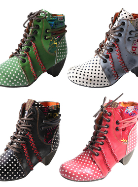 TMA EYES 波尔卡圆点皮革带莫卡辛手工缝线户外休闲女靴手工潮牌