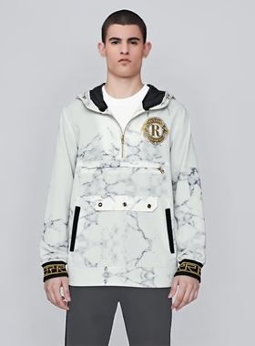Reason春秋款大理石纹印花防风连帽卫衣外套半拉链休闲男款浅灰色