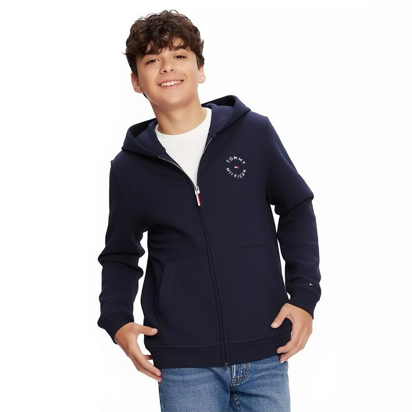 Tommy Hilfiger美式青少年运动休闲拉链款连帽卫衣简约条纹藏青色