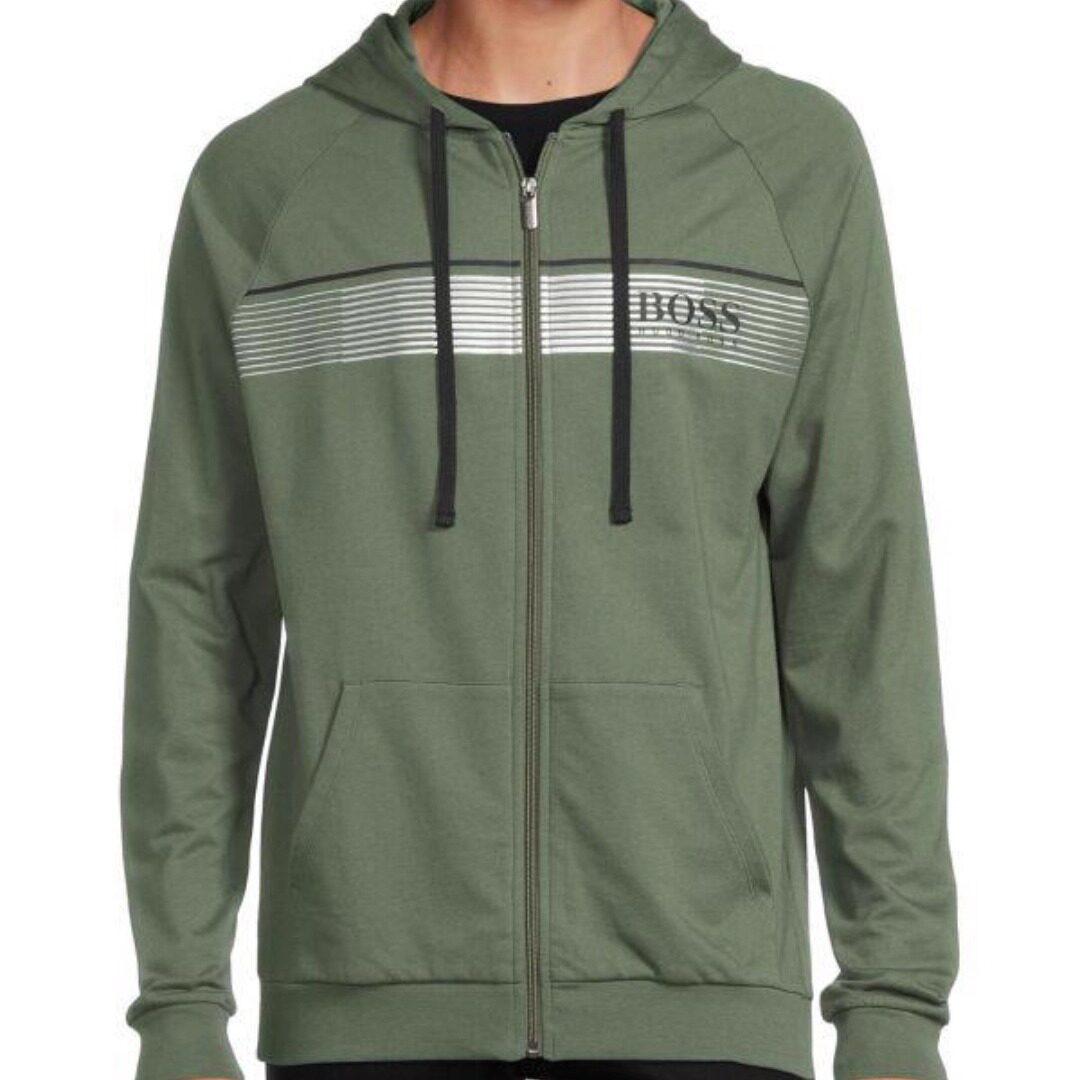 Hugo Boss春秋款拉链全棉连帽卫衣字母条纹运动休闲男款军绿色