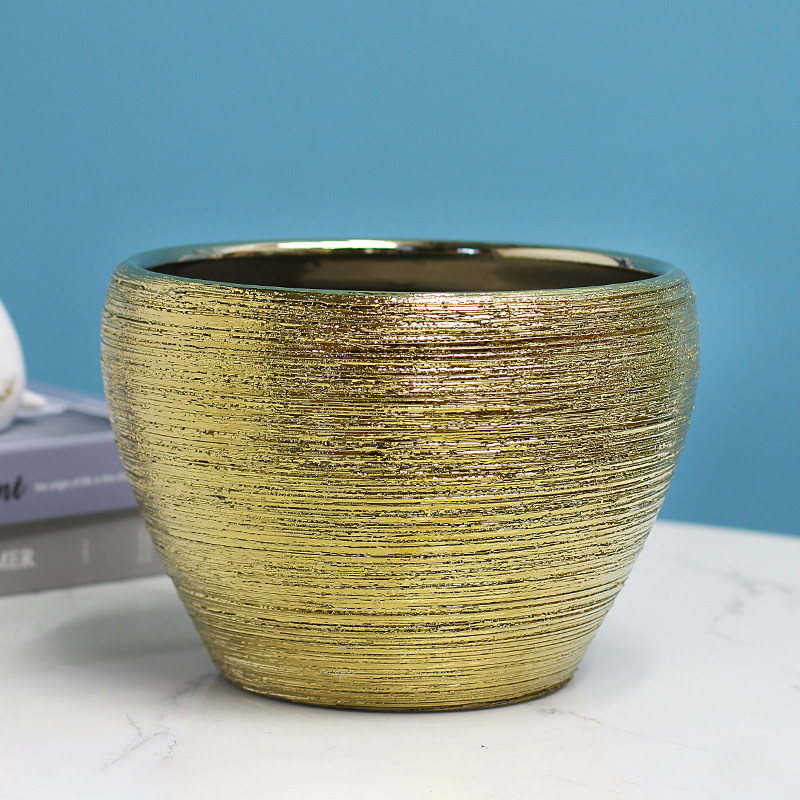 拉丝金色花盆电镀金属色圆形轻奢陶瓷花盆摆件装饰品插花花器