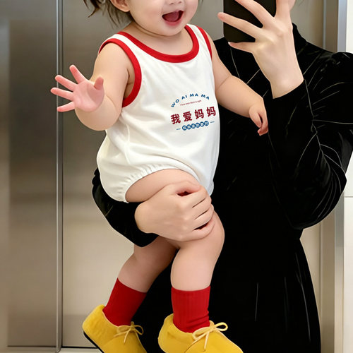 我爱妈妈~无袖可爱超萌连体衣婴幼儿夏季爬服哈衣男女宝宝包屁衣