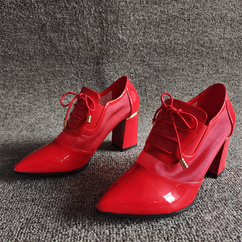 商场撤柜断码新款真皮女鞋红色尖头系带时尚粗高跟网面透气单鞋夏,女鞋,深口单鞋,淘宝优惠券,粉丝福利购,淘宝优惠卷