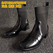 真皮粗高跟瘦瘦弹力女短靴加绒37码 SATURDAYMODE断码 瑕疵新款 秋冬