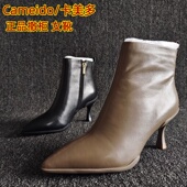 Cameido 短靴 卡美多品牌撤柜真皮女靴羊皮尖头加绒保暖细高跟时装