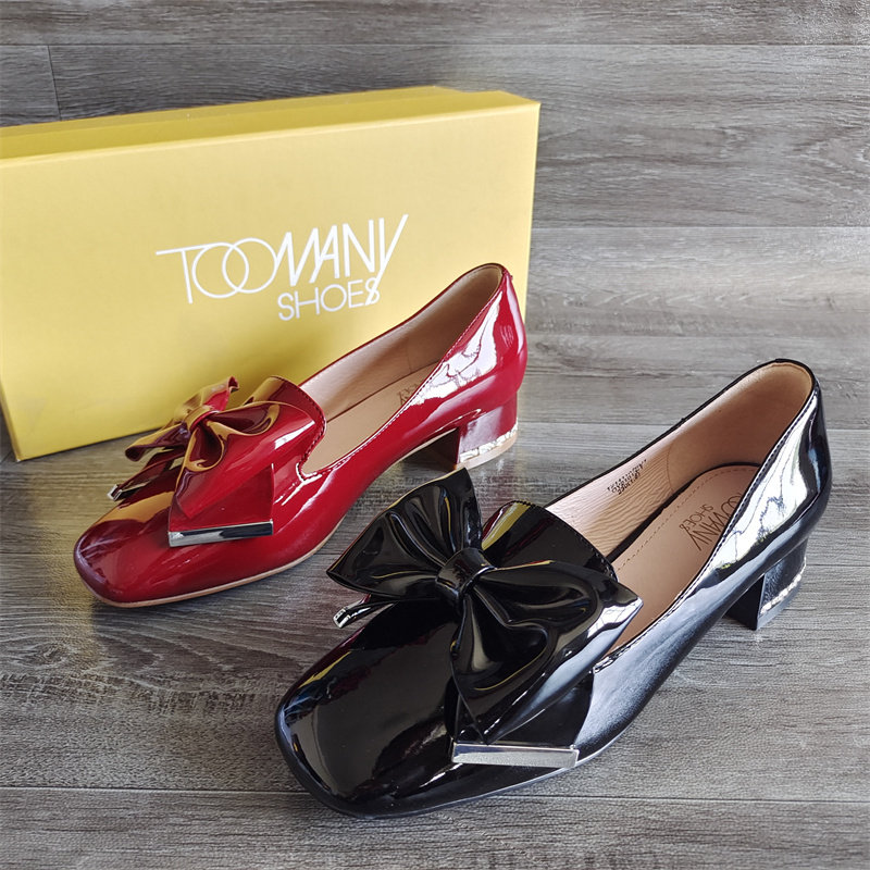 toomanyshoes品牌断码处理新款女鞋蝴蝶结粗高跟时尚方头漆皮单鞋
