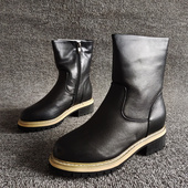 商场撤柜瑕疵断码 短靴34码 新款 真皮女靴圆头平底加绒黑色简约冬季