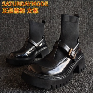 单靴子 粗跟欧美风勃肯袜子弹力短靴36码 SATURDAYMODE品牌断码 新款
