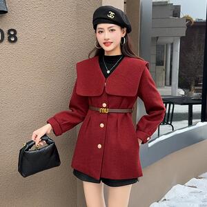 美拉德小个子毛呢外套收腰2024秋冬新款宽松海军领小香风毛呢大衣