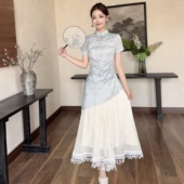 高级感薄纱绝美散摆收腰连衣裙两件套 新款 新中式 国风改良旗袍夏季