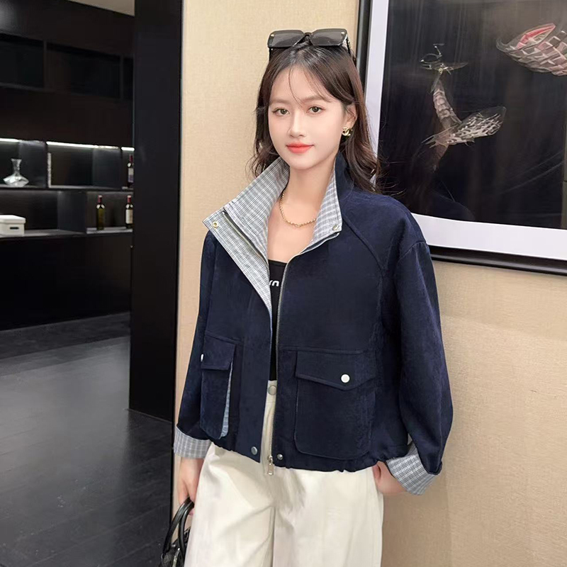 高级感格子拼接灯芯绒短外套女