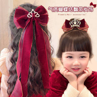新年发饰公主皇冠发卡女童红色蝴蝶结头饰发夹儿童小女孩过年头花