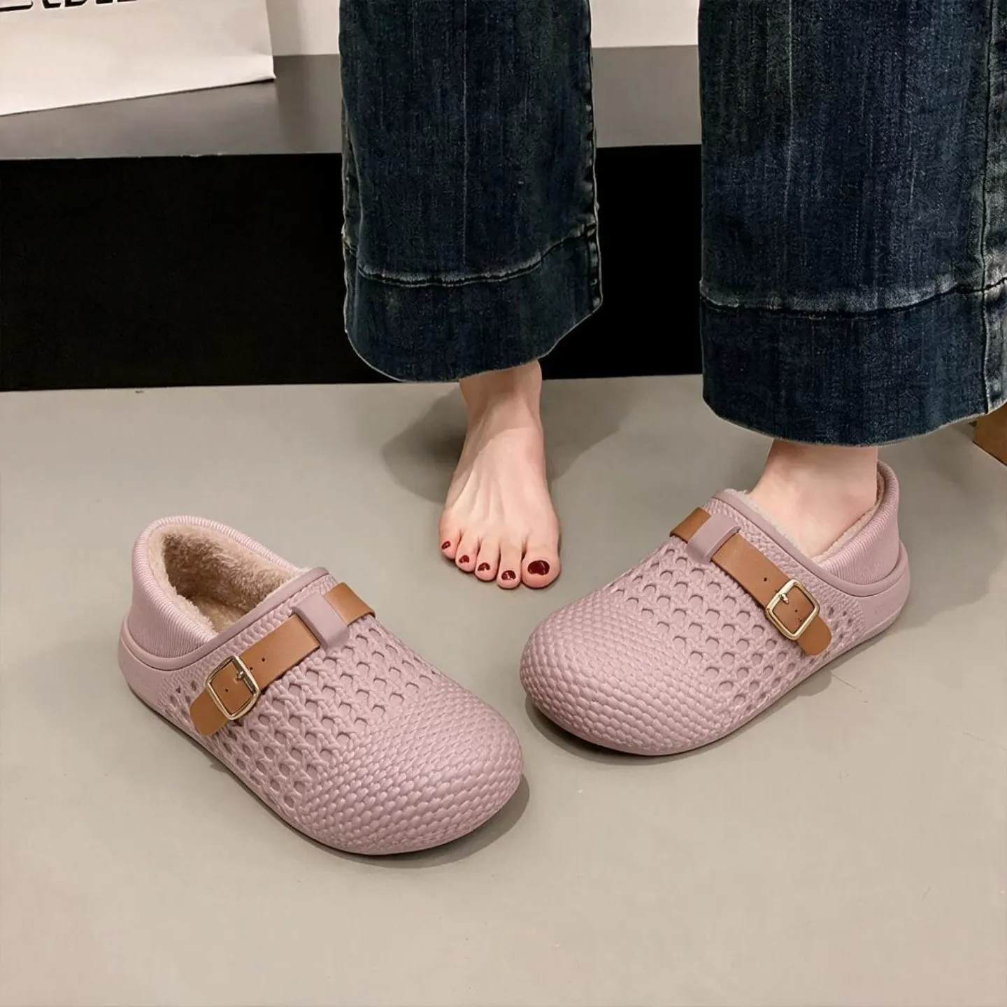 玛丽珍塔扣勃肯棉拖鞋女款冬季复古加绒保暖厚底外穿防滑包跟棉鞋