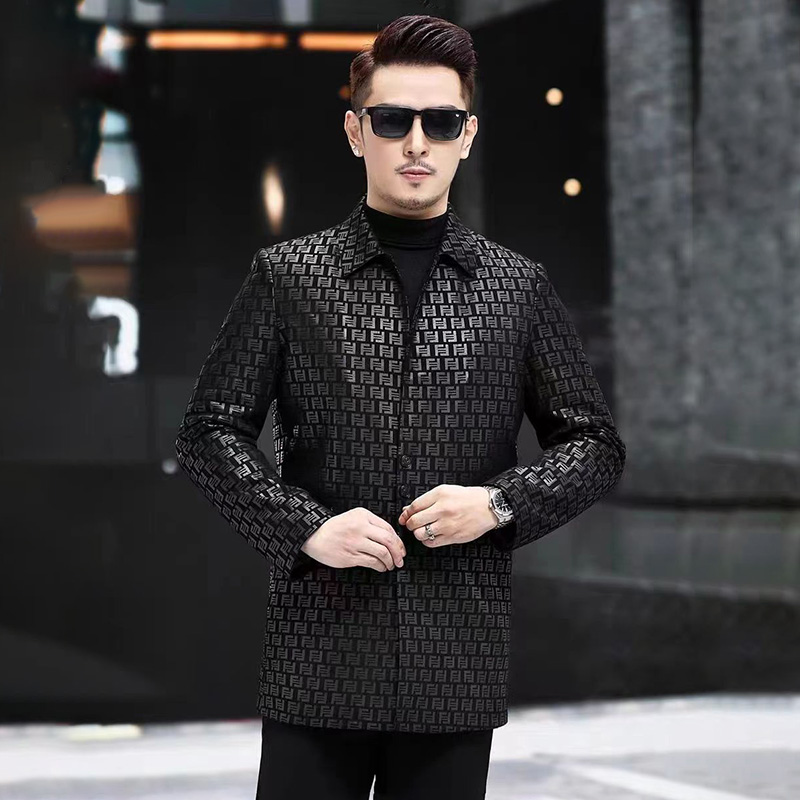 皮衣男士海宁绵羊皮翻领印花中长款风衣春秋款修身商务皮夹克外套