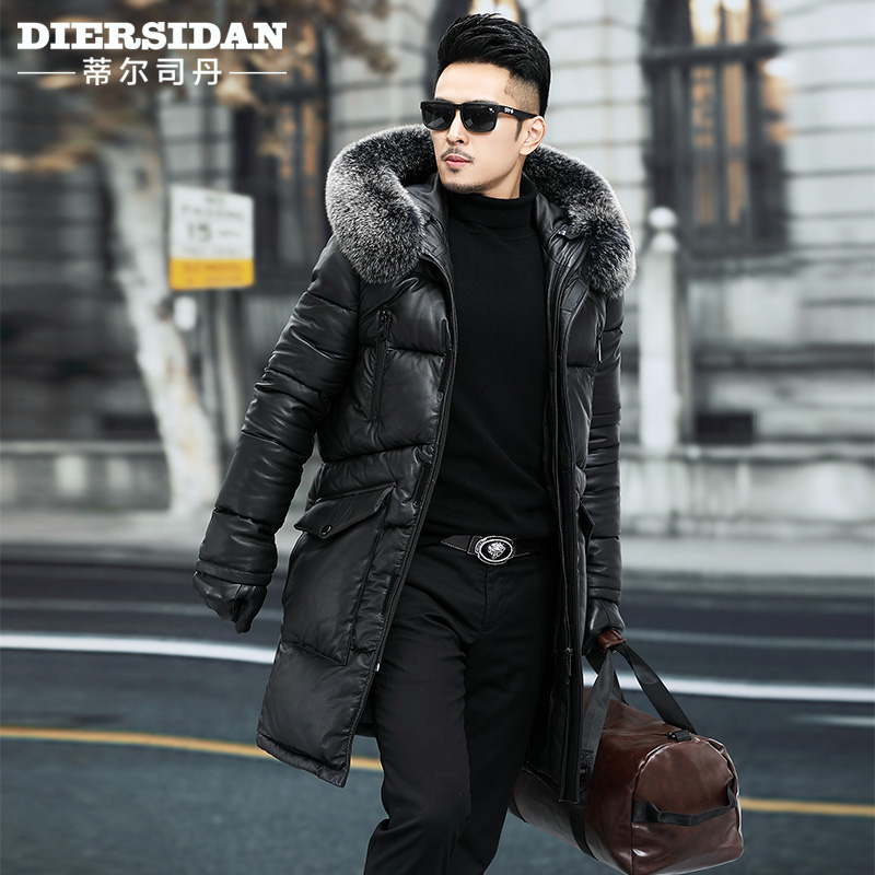 真皮皮衣男士头层牛皮超厚羽绒服中长款狐狸毛领冬季加厚保暖外套