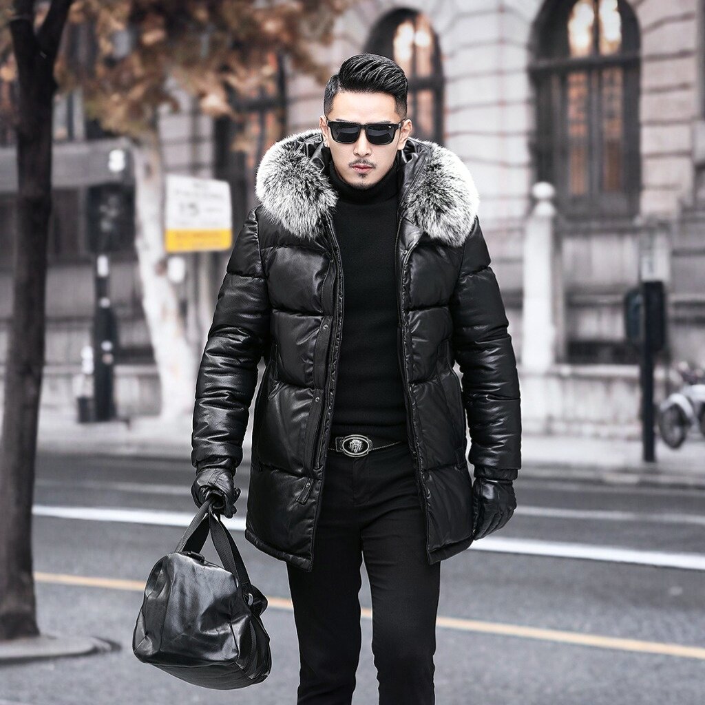 海宁皮衣男头层牛皮中长款狐狸毛连帽真皮羽绒服冬保暖超厚皮大衣