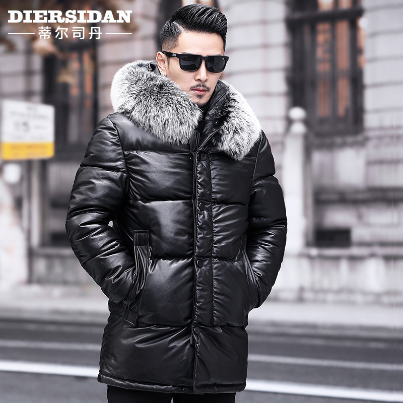 海宁皮衣男头层牛皮中长款狐狸毛连帽真皮羽绒服冬保暖超厚皮大衣