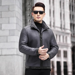 原生态皮毛一体男外套立领短款纯羊毛机车服冬季加厚保暖真皮夹克