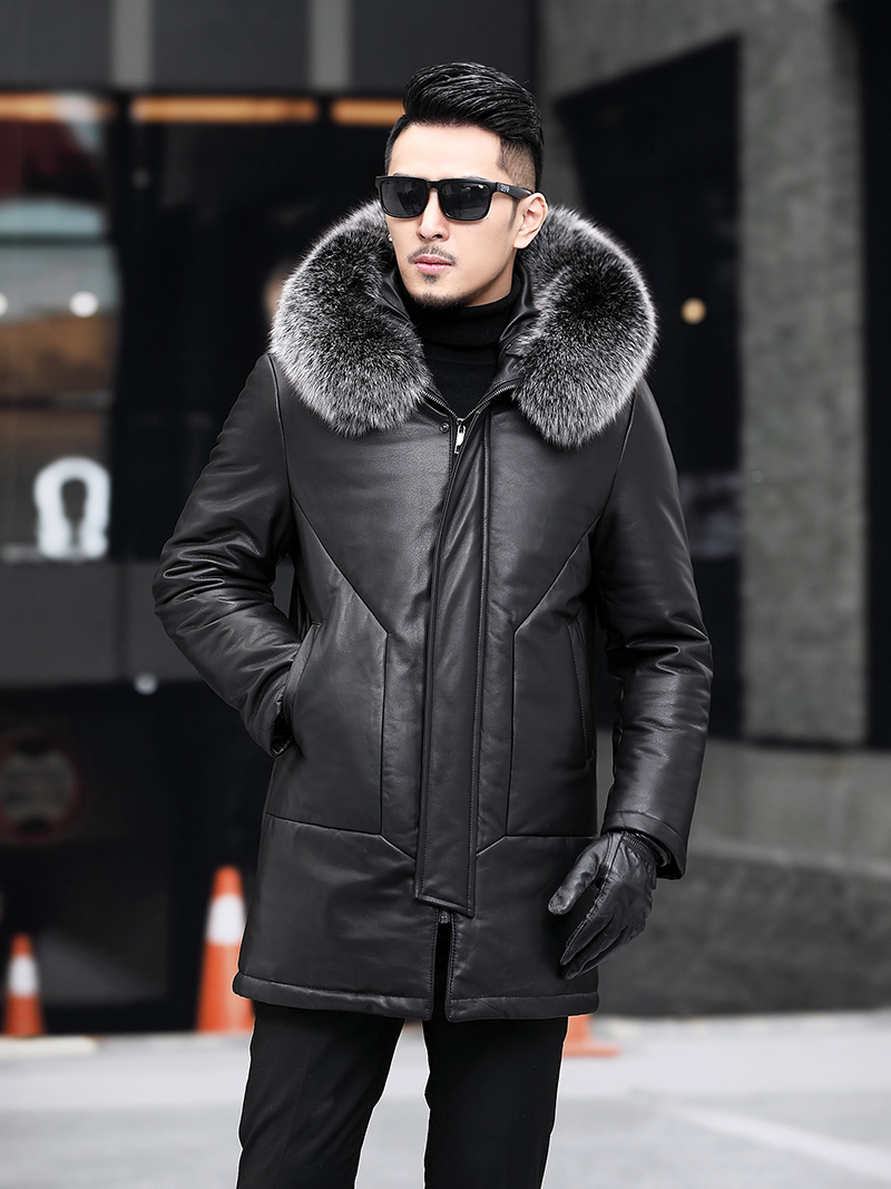 海宁真皮连帽秋冬羽绒服男狐狸毛领加厚皮衣中长款头层牛皮皮草潮