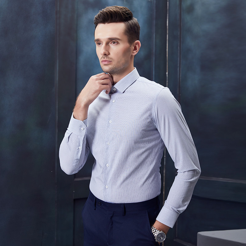 鲁泰成衣免烫100支高支高密格纹提花弹力长袖衬衫男格子上班时尚