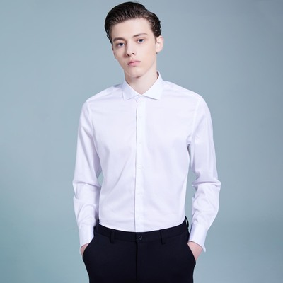 鲁泰旗下品牌男修身纯棉140支DP免烫法式持久白叠袖长袖衬衫多色