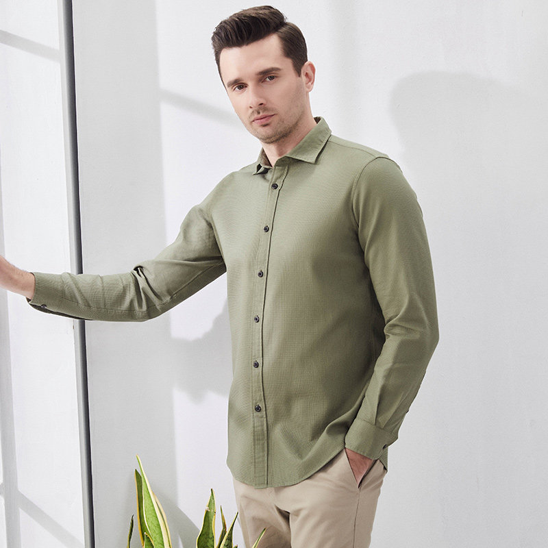 鲁泰时尚质感纯色凸格纹长袖衬衣厚款男装休闲上班通勤舒适商务