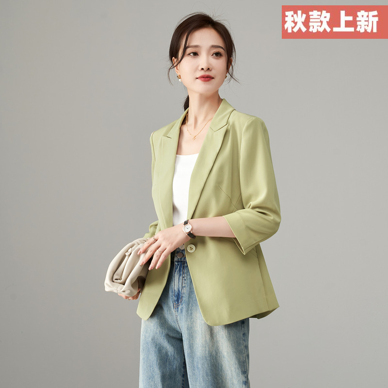 娅丽达休闲七分袖西装外套女秋款2025新款修身小个子绿色西服