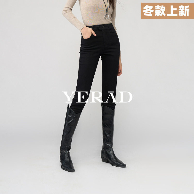 娅丽达雪绒打底裤女2025冬季新款小脚裤小个子裤子黑色弹力铅笔裤