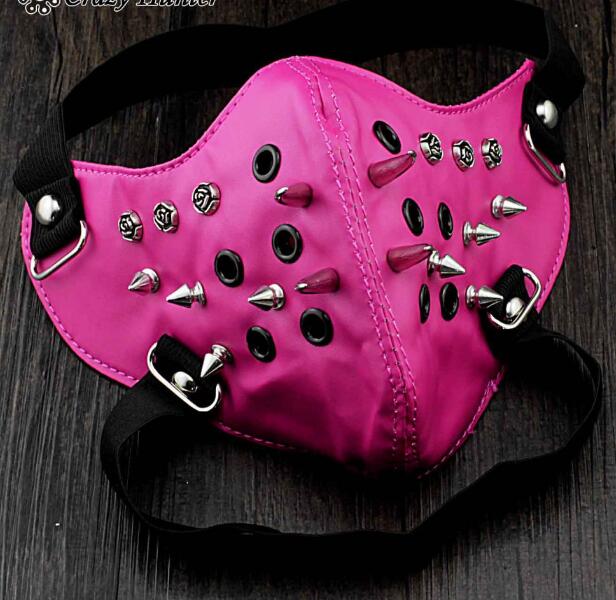 朋克潮流哈雷柳钉玫红皮口罩豪华升级长尖钉面罩酒吧舞台表演