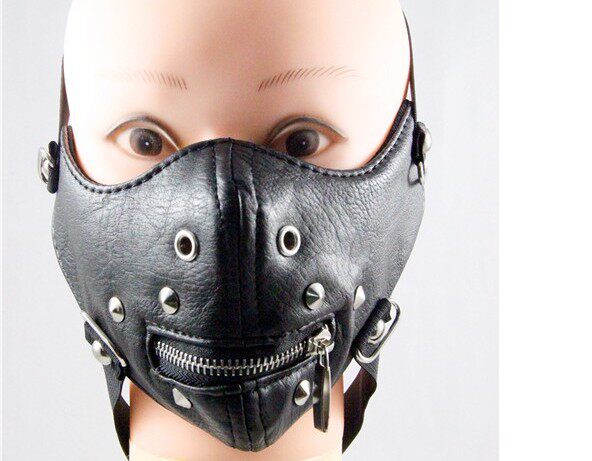 朋克潮流皮饰品，哈雷柳钉红色拉链皮口罩酒吧舞台表演造形道具