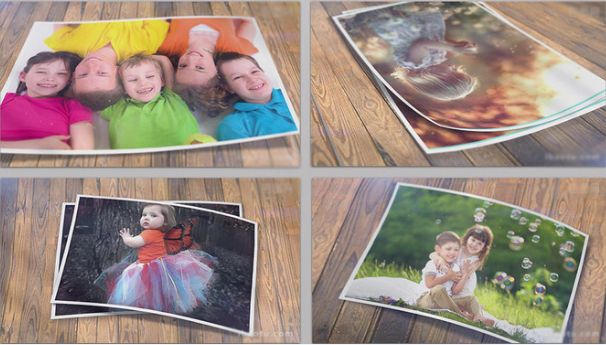 怀旧风格木质桌面幻灯平铺家庭儿童旅行同学聚会老照片展示AE模板