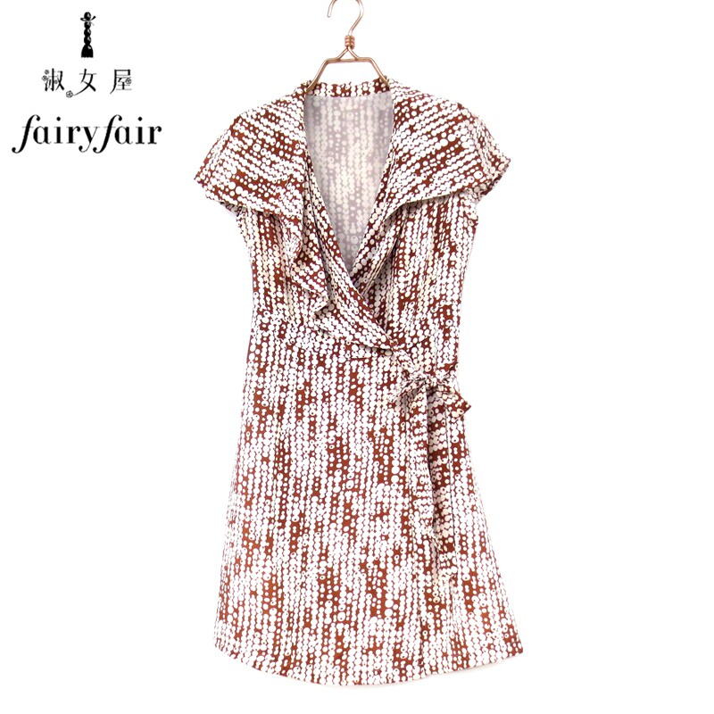 夏季新 fairyfair正品咖底白点印花设计感系带高端真丝法式连衣裙