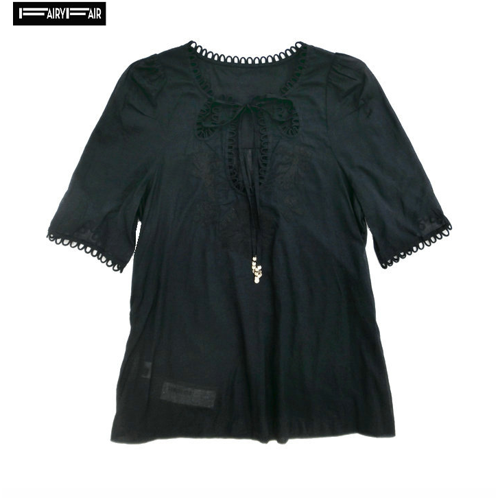 淑女屋高端黑色花边纯棉衬衣