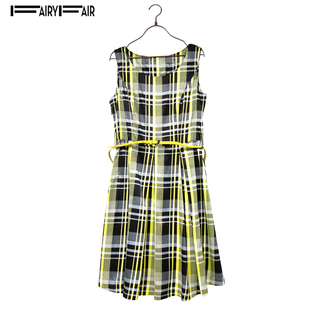 FAIRYFAIR专柜正品黄灰黑格子高端套头无袖连衣裙/不配腰带哦