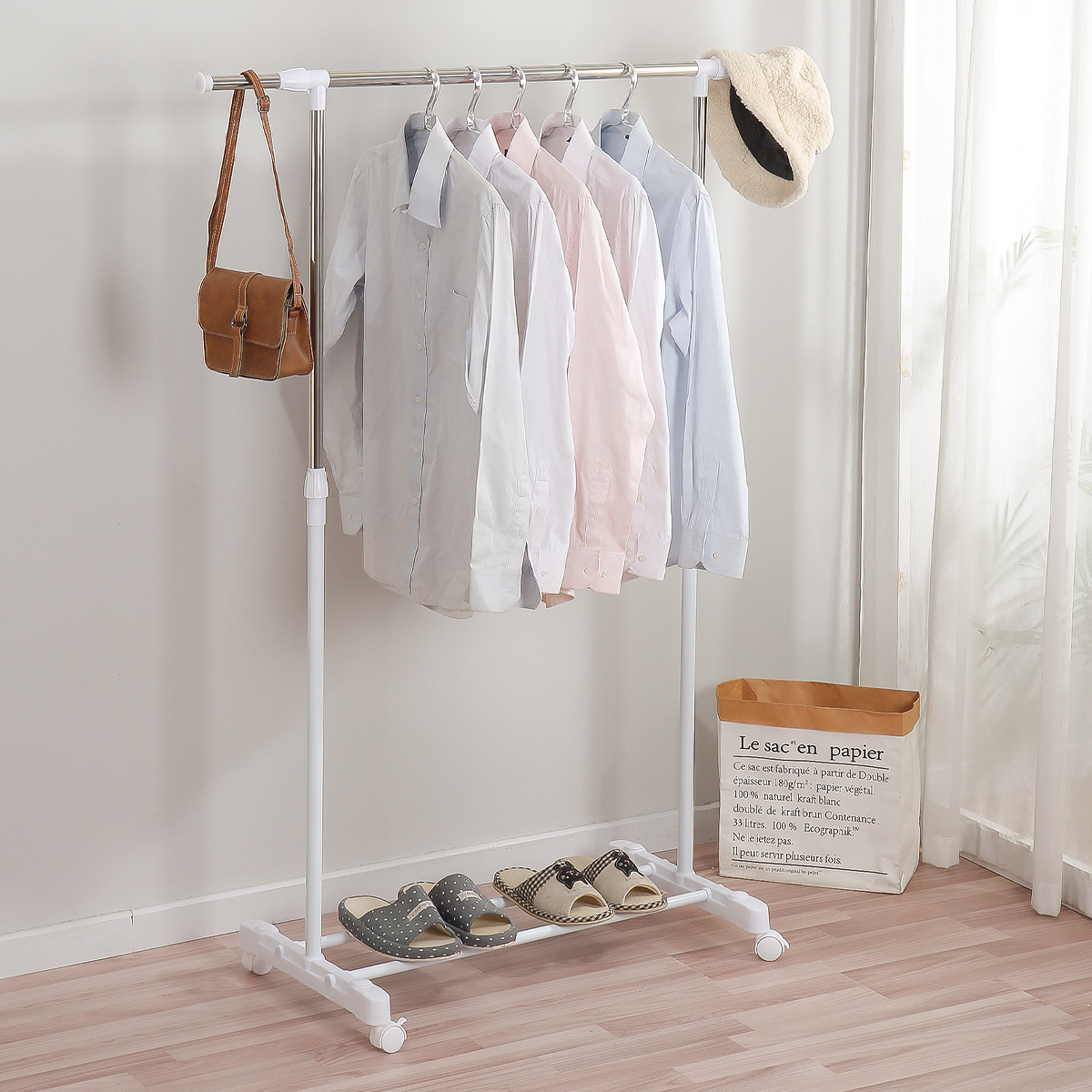 欧润哲北欧简约白色单杆晾衣架阳台卧室房间家用落地晒衣服挂衣架