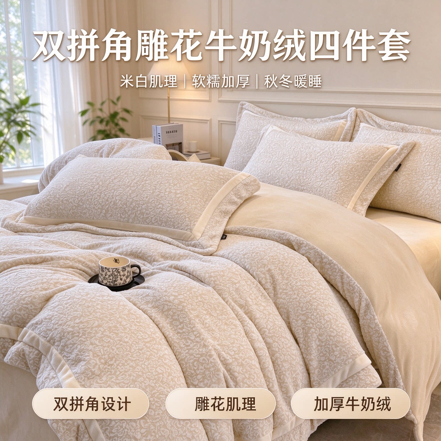 双拼角纯色雕花牛奶绒四件套