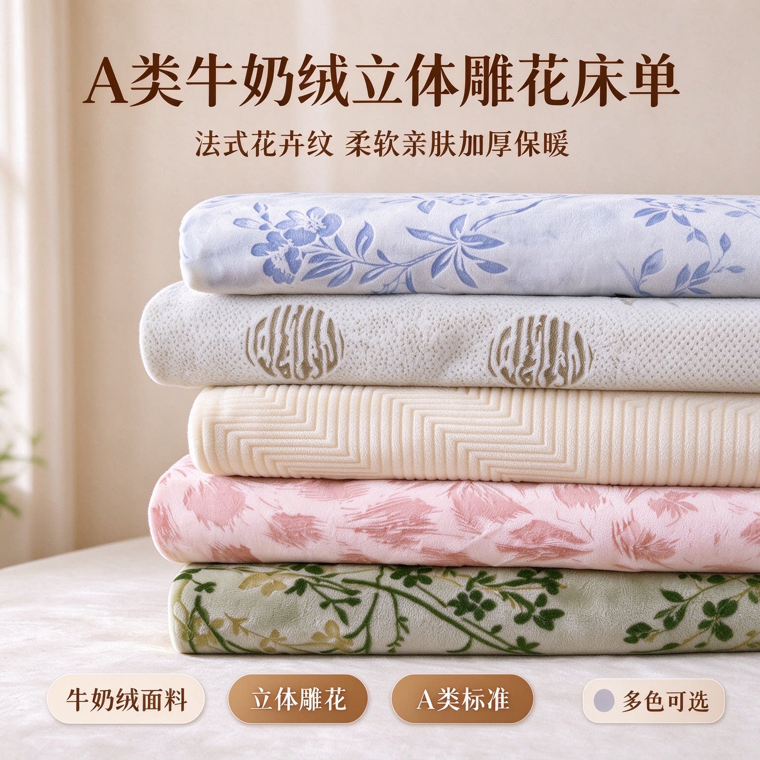 立体雕花牛奶绒保暖床单三件套