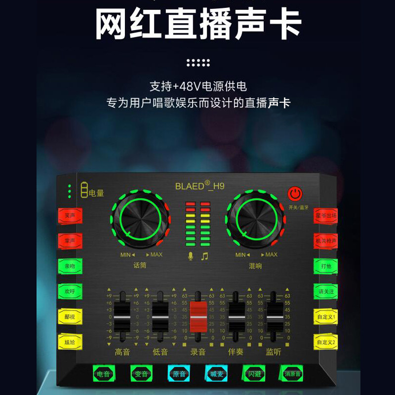 电容麦克风48v话筒声卡抖音快手机全民k歌电脑直播声卡套装设备H9