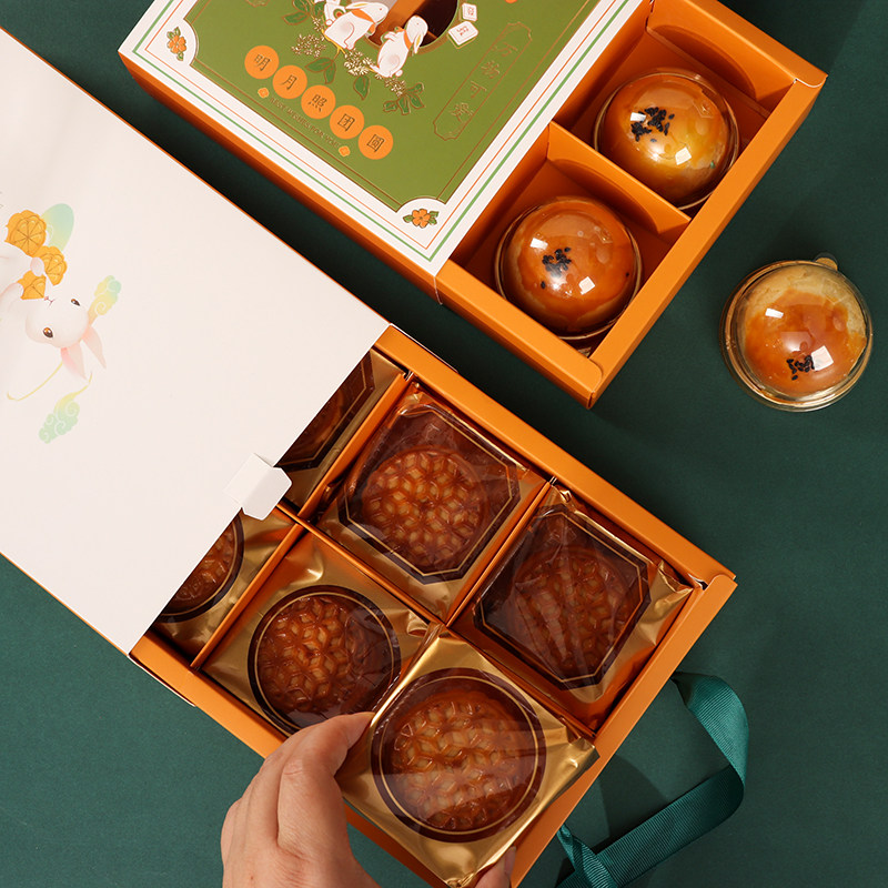 开窗6粒蛋黄酥包装盒4格中秋月饼礼盒绿色港式糕点丝带手提盒子空