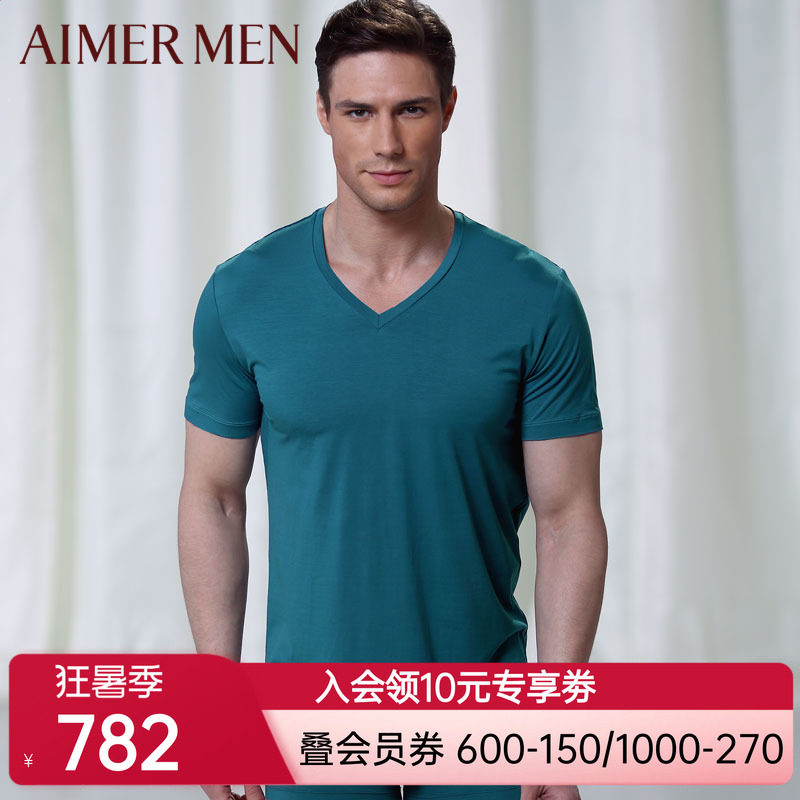 爱慕先生品牌红品官方正品薄款柔软V领男士短袖T恤上衣12354