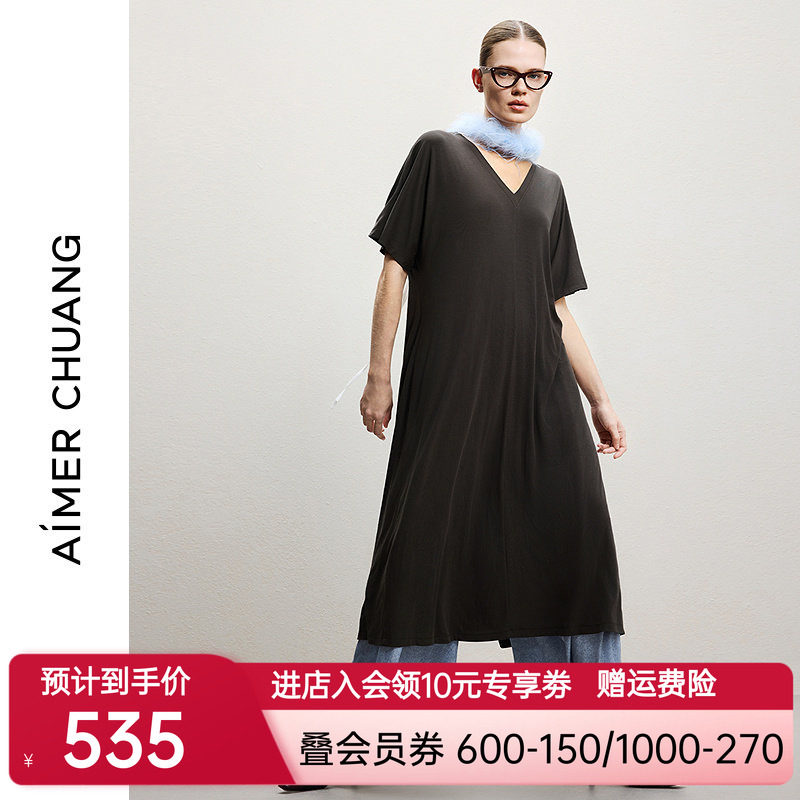 AIMER CHUANG26春夏女空气冰奶皮圆领短袖两面穿连衣裙CA442261