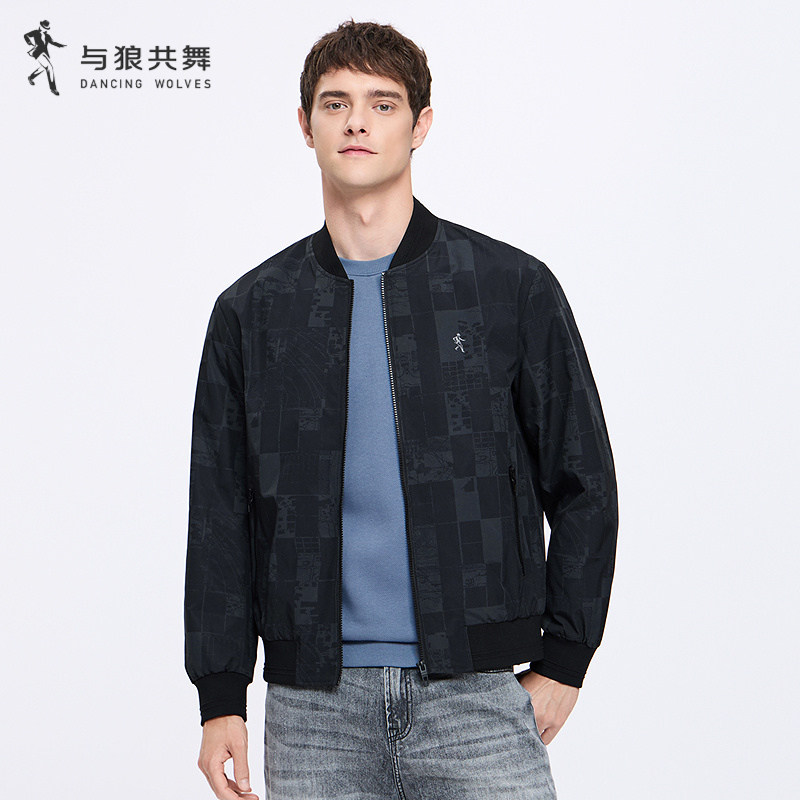 【满印棋盘格】与狼共舞棒球领夹克男士2025秋季新款刺绣潮流外套,男装,夹克,淘宝优惠券,粉丝福利购,淘宝优惠卷