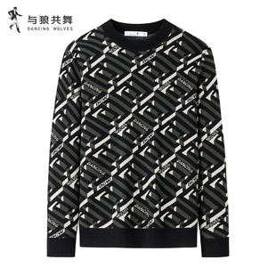 【商场款】与狼共舞圆领毛衣男2025秋冬款含绵羊毛修身提花针织衫