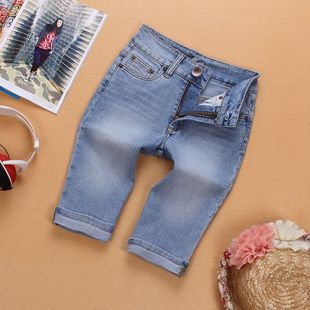 外贸原单欧美中大女童浅蓝色镶钻微弹牛仔中裤五分裤