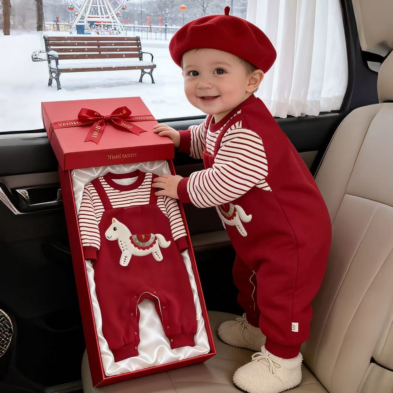 马年男女宝宝哈衣周岁春季连体衣满月百日宴长袖薄绒婴儿春秋衣服