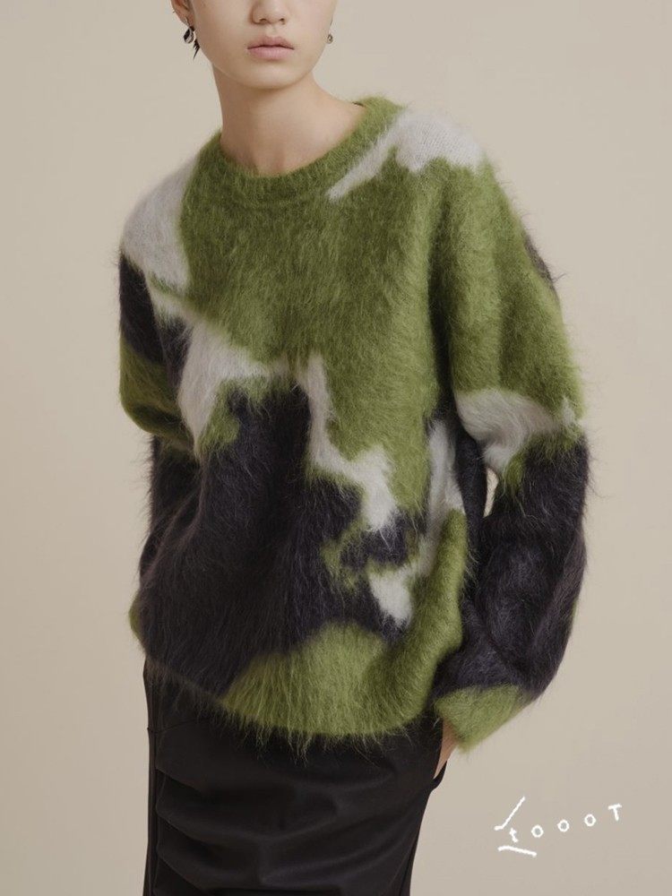 「toooT」ECRIVAIN独立设计师三色刷毛毛衣宽松绿色圆领套头上衣
